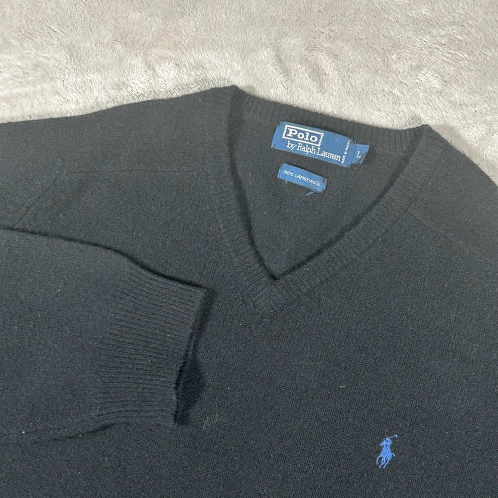 Polo Ralph Lauren Mens V-Neck Sweater Black 100% Lambswool Blue Pony Logo Large - Picture 1 of 12